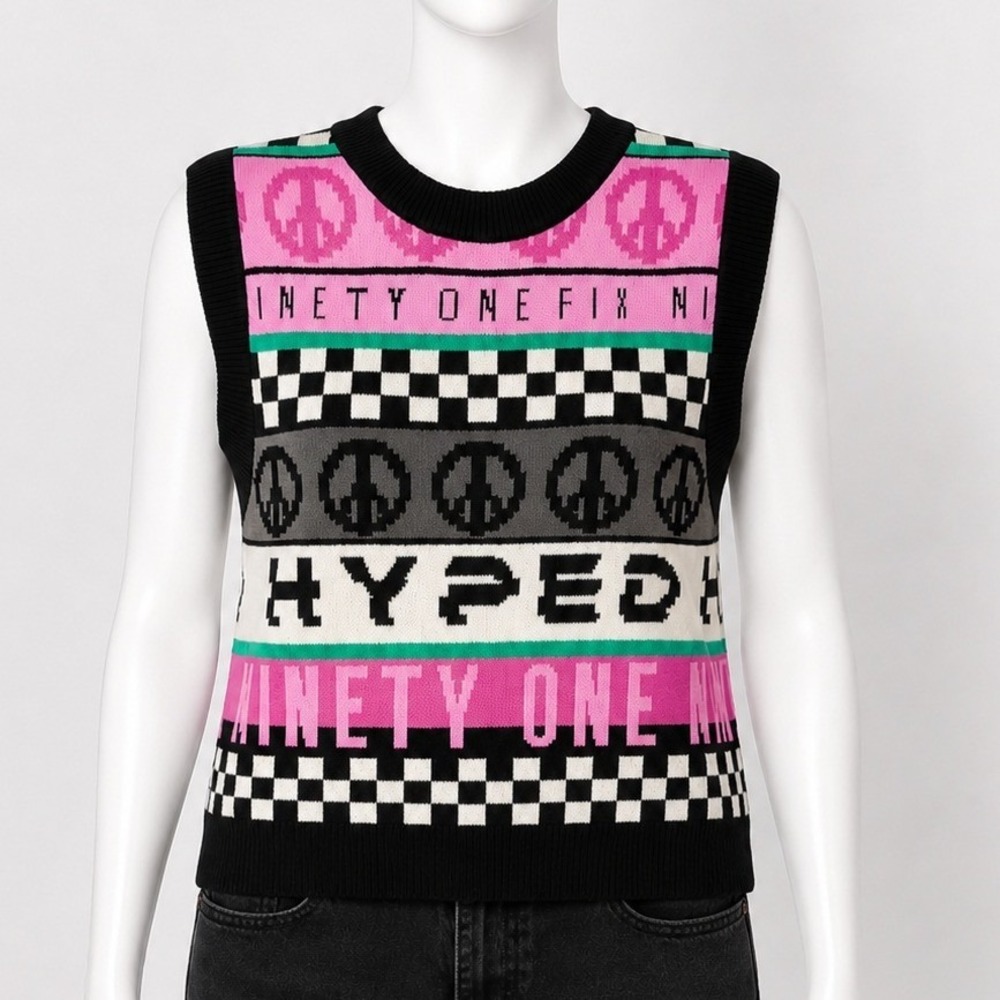 H&M Divided Womens‎ Sweater Vest Black Pink Graphic Peace Checkerboard M